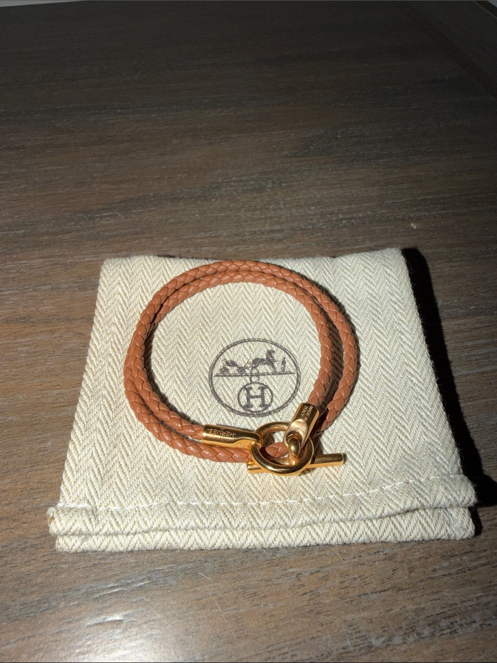 Hermes Glenan Tan Double Tour Leather Bracelet with Gold Toggle